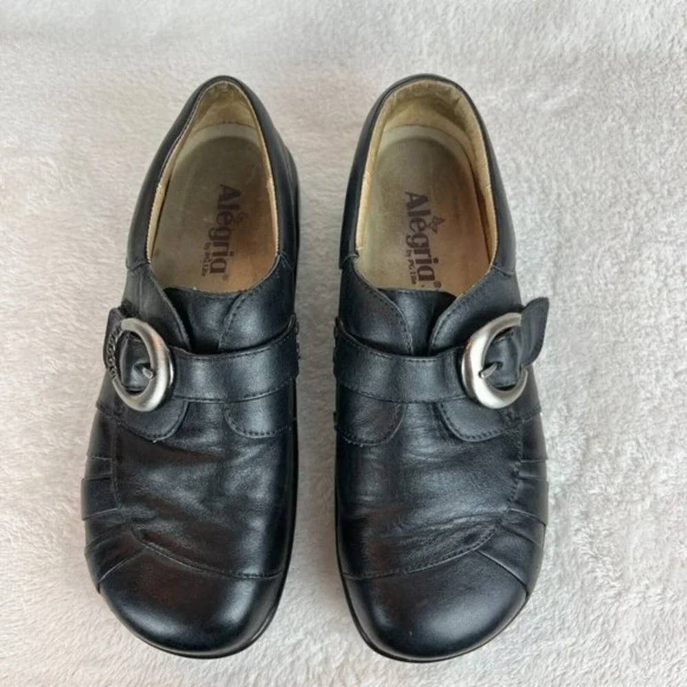 Alegria Leather Shoes‎ 9/9.5 Womens 39 EU Khloe Black Nappa Buckle Wedge